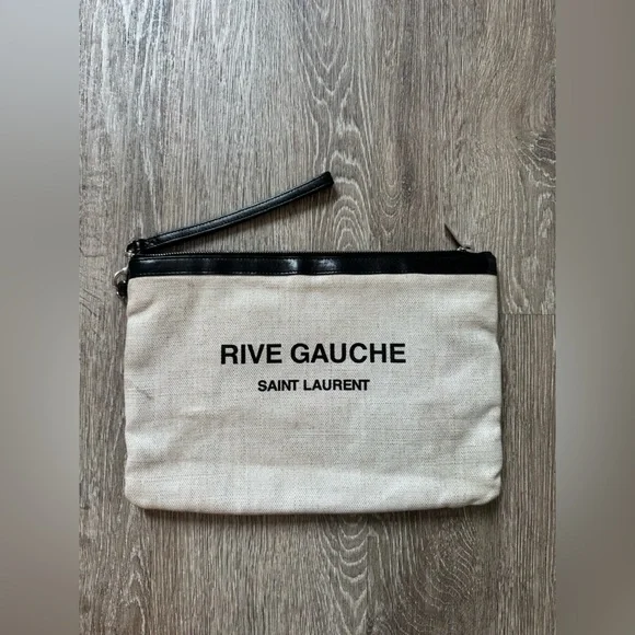 Saint Laurent Rive Gauche Canvas Clutch | YSL Pouch Black Leather Trim Wristlet - Picture 3 of 9